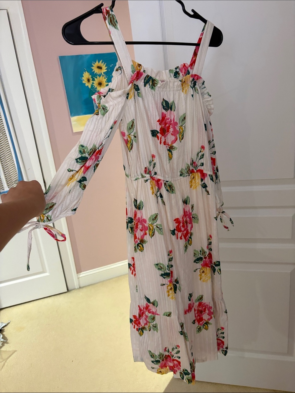 Cath Kidston White Floral Cold-Shoulder Dress with Pink & Yellow Flowers
